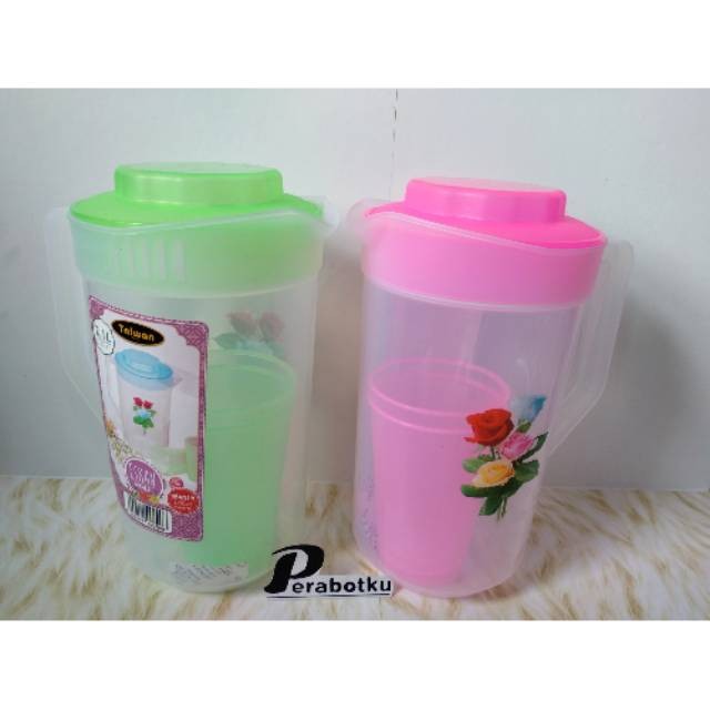 Teko Plastik 2,1 Liter Air Eskan Plastik Bonus Gelas 2 Pcs Merek Taiwan