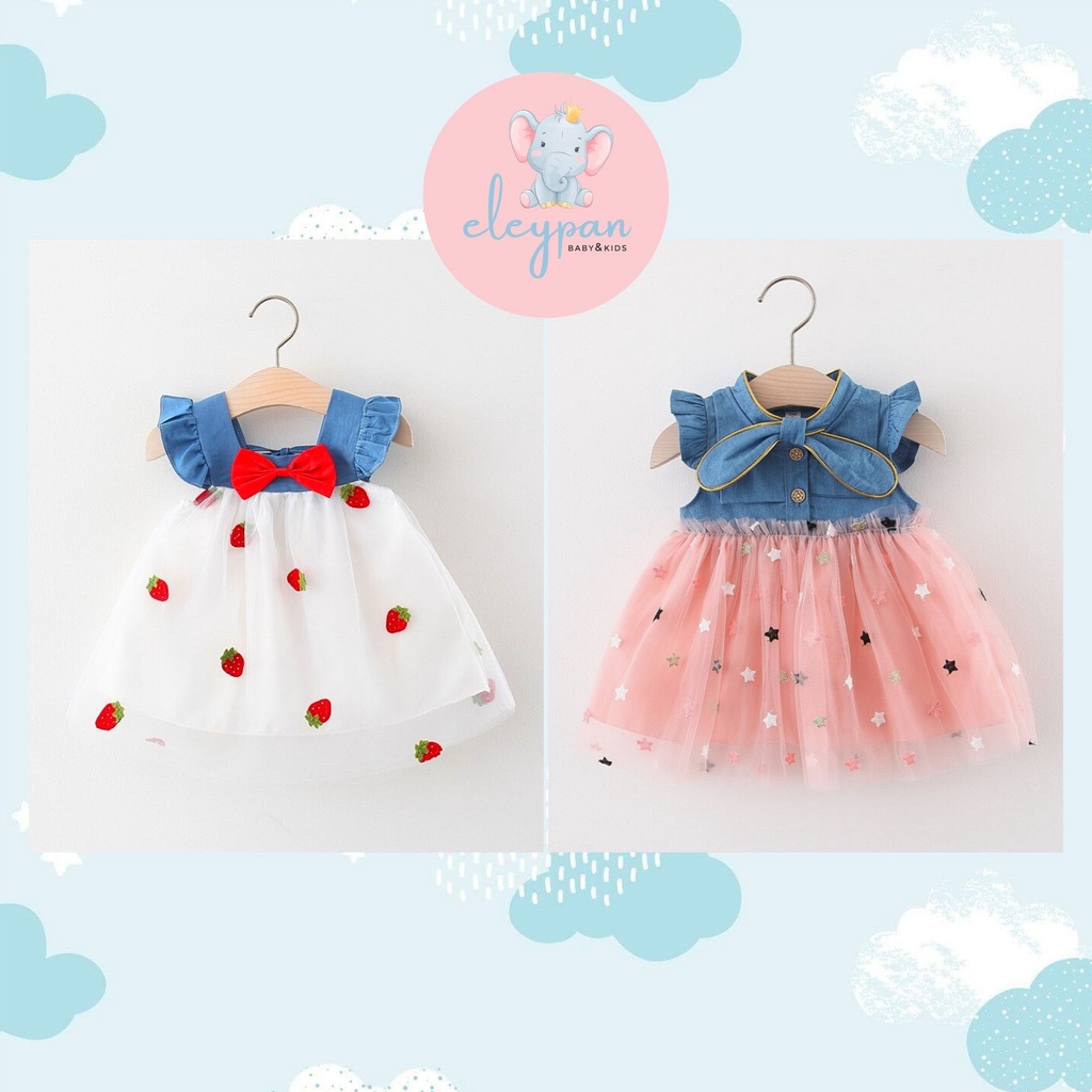 [eleypan.kids] Dress Anak IMPORT Motif Snow White Rok Renda Tutu Baju Atasan Denim Perempuan Polkadot Pita