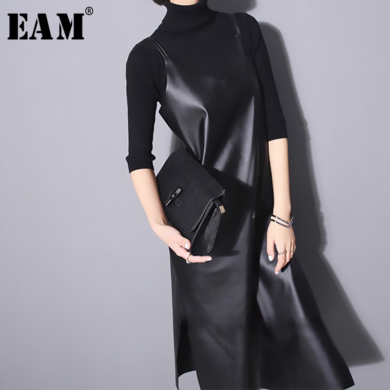 MURAH [EAM] 2020 New Spring Summer Strapless Sleeveless Black Pu Leather Loose Brief Dress Women