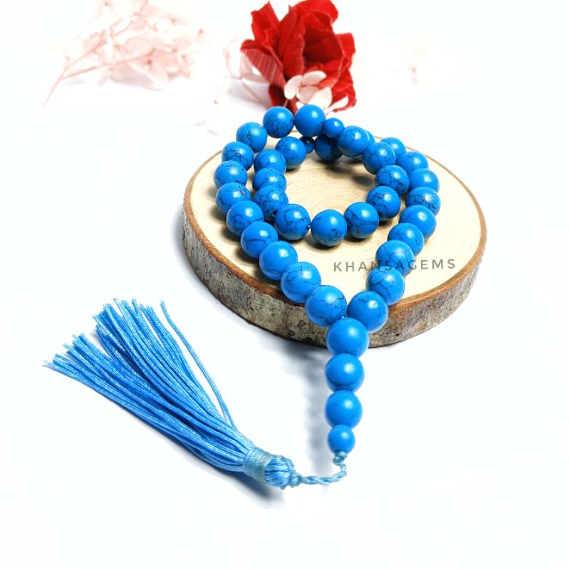 Tasbih batu natural pirus biru shanghai diameter 10 mm lebih besar isi 33 butir Aksesories Keagamaan Ibadah Sholat Dzikir Fashion Muslim