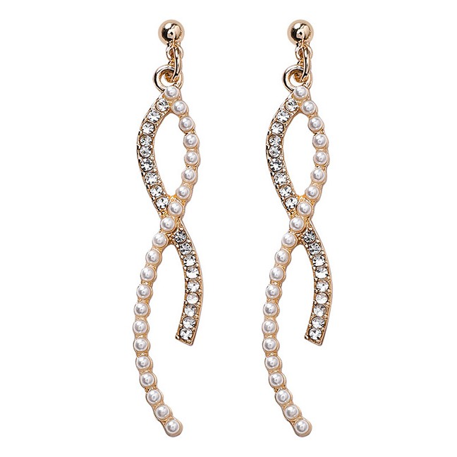 LRC Anting Tusuk Fashion Gold 925 Silver Needle Artificial pearl Curved Line Cross Earrings D42781