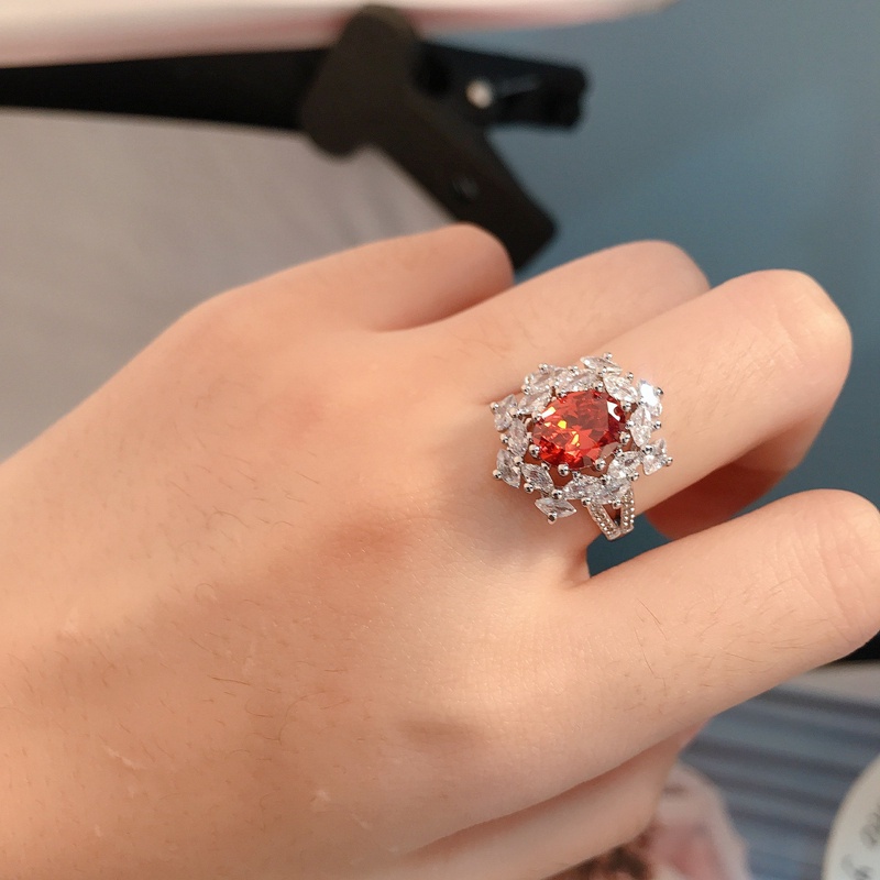 Fancyqube Cincin Silver Bentuk Kepingan Salju Oval Hias Cubic Zirconia Aaa Merah Untuk Wanita