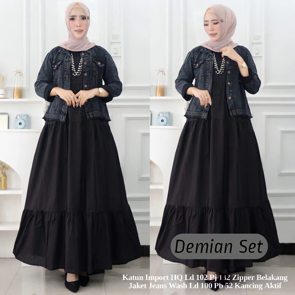 Demian Setelan Gamis Rompi Jeans Wanita Gamis Katun Adem LD 102 cm Mix Jaket Jeans Kancing Depan LD 