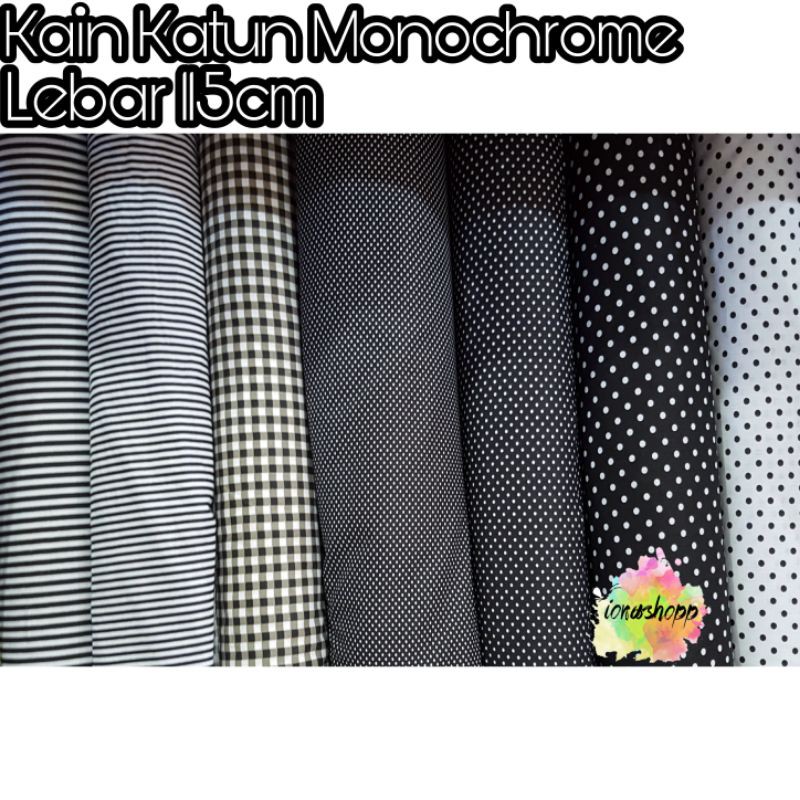 Kain Katun Monochrome Hitam  Putih  Lebar 115cm motif polka 