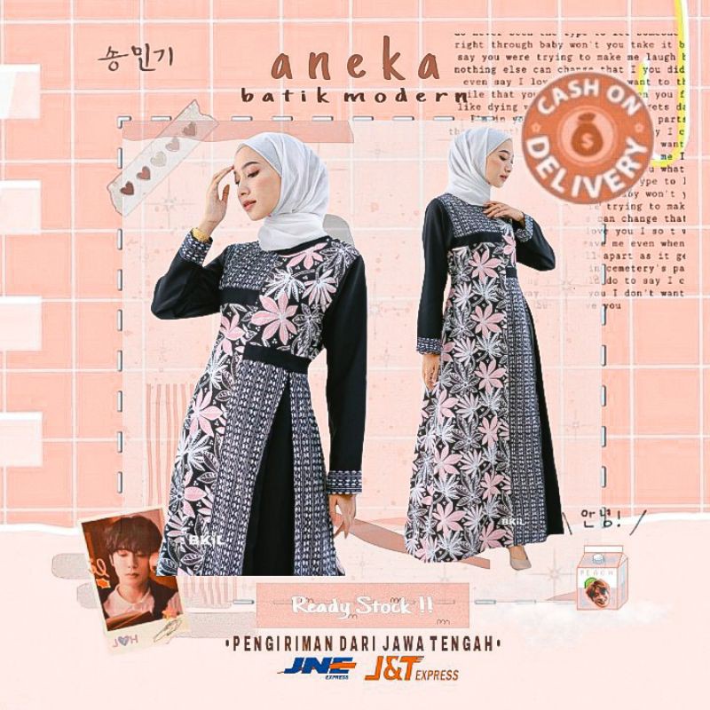 GAMIS MUSLIM DRESS WANITA LEBARAN SYAR'I MOTIF BUNGA WARNA HITAM KOMBINASI PINK PEACH PUTIH LEBARAN