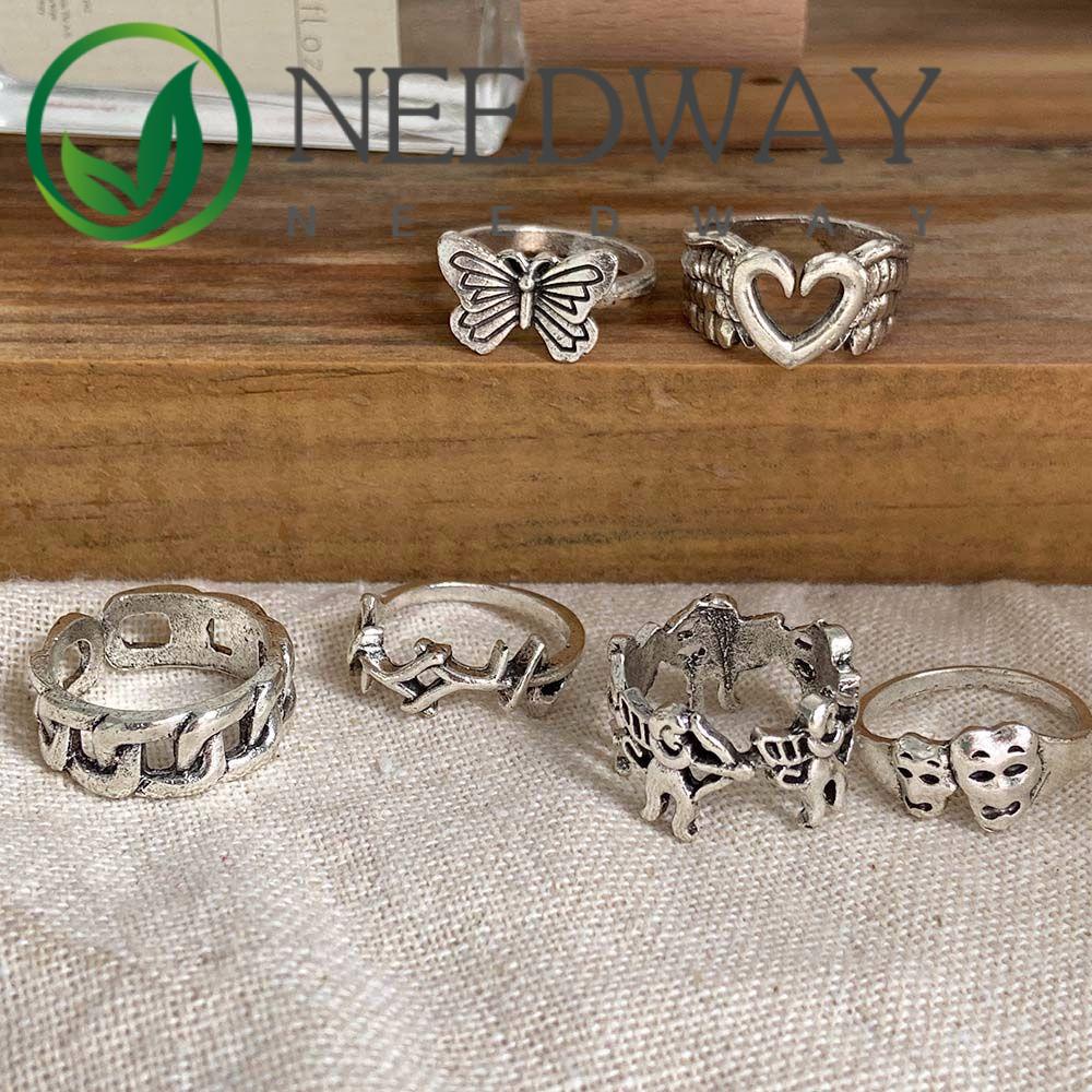 Needway  6Pcs Korean Style Men Women Fashion Accessories Finger Ring Boy Girl Chain Love Heart Hollow Punk Hip Hop Irregular Butterfly Rings/Multicolor