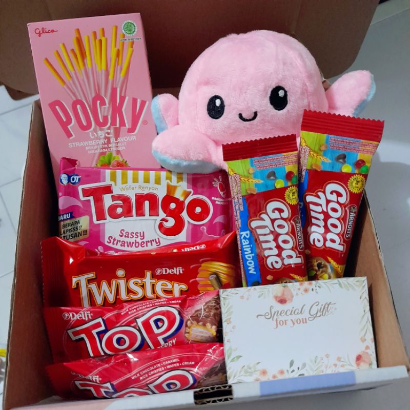 Hampers Boneka Gurita dan Snack Box Kado Ulang Tahun Anak Cewek Sahabat Hadiah Ultah Wisuda Anniversary Hampers Snack Jajanan Cemilan