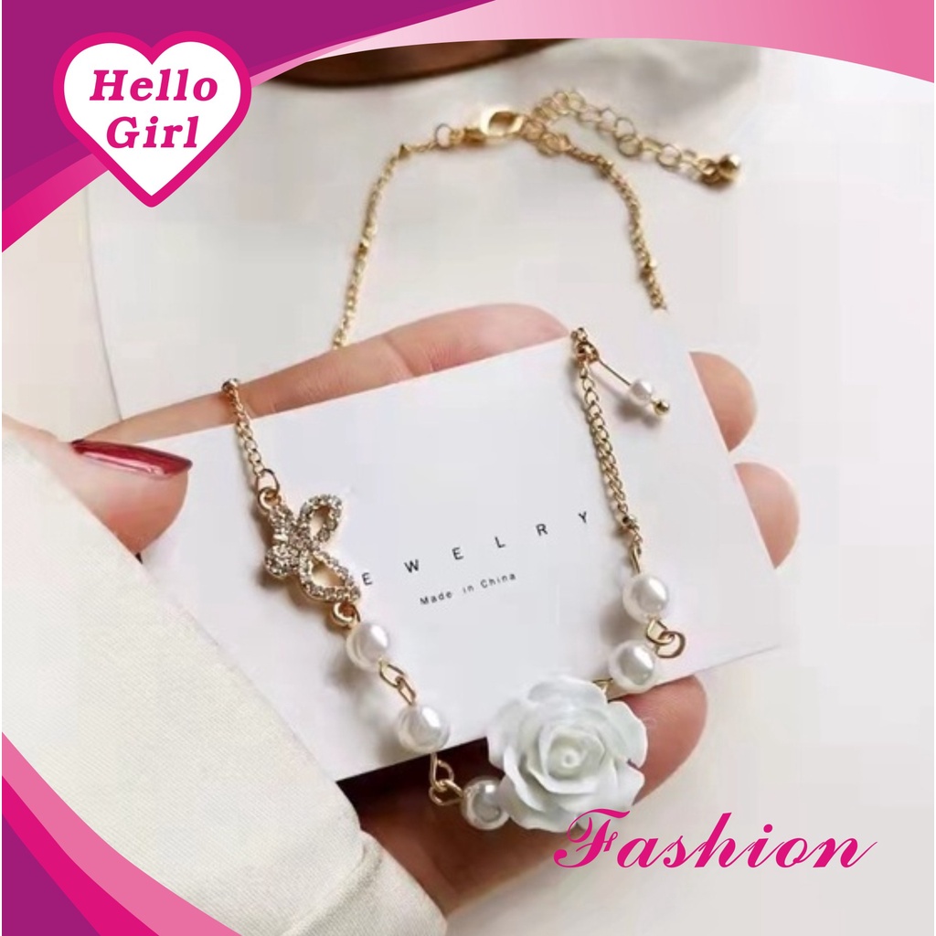 (Hello Girl)X38 Fashion Wanita Kombinasi Kalung dan Gelang Bunga Mawar Putih Import