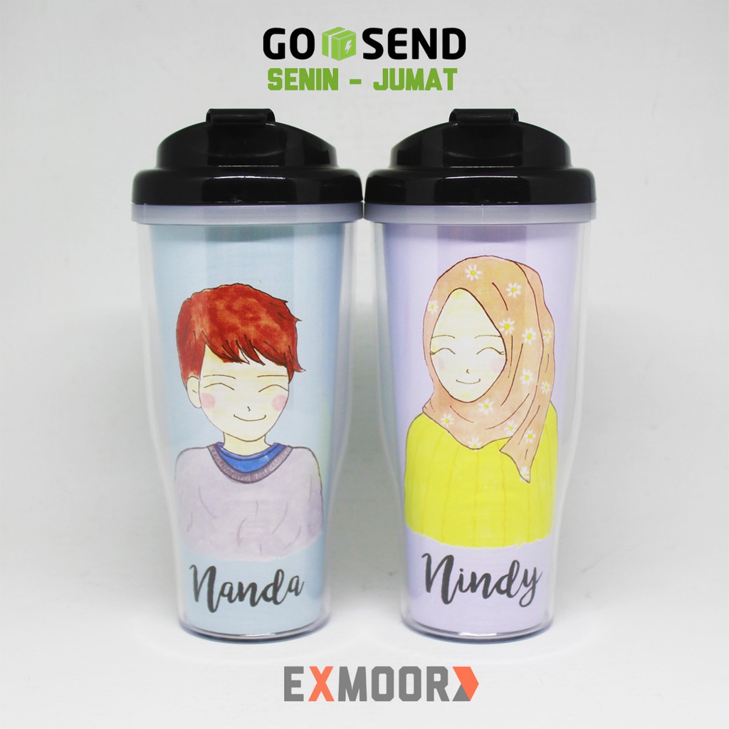 Tumbler Couple Pengantin Doodle Hijab Casual untuk Kado Pernikahan