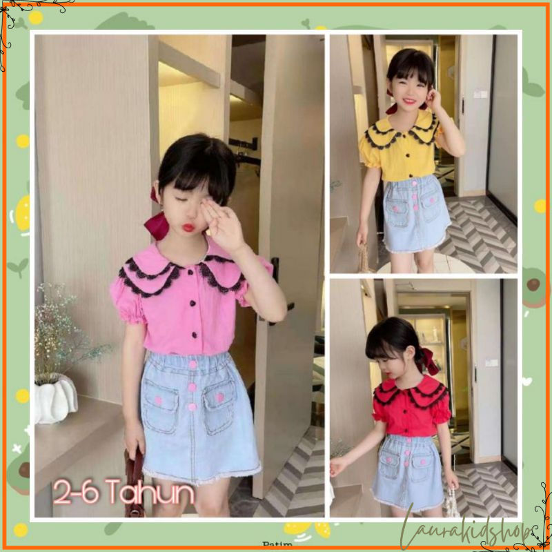 Setelan Rok Anak Perempuan Import Premium Two Renda Bars Denim 2-6 Tahun