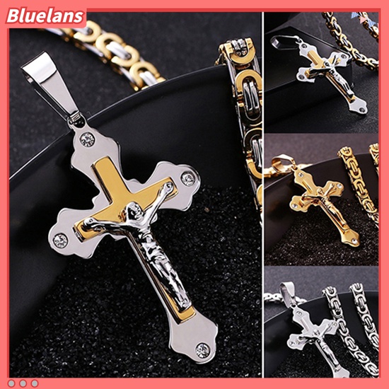 Kalung Rantai Liontin Salib Yesus Bahan Titanium Steel Untuk Pria