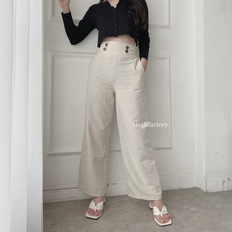 Celana Kulot Linen Highwaist 2238 Premium Hw Cullote Double Button Pants wanita haruka korea style