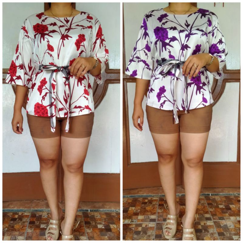 Atasan mirec bunga m l xl resleting belakang merah ungu biru tangan 3/4