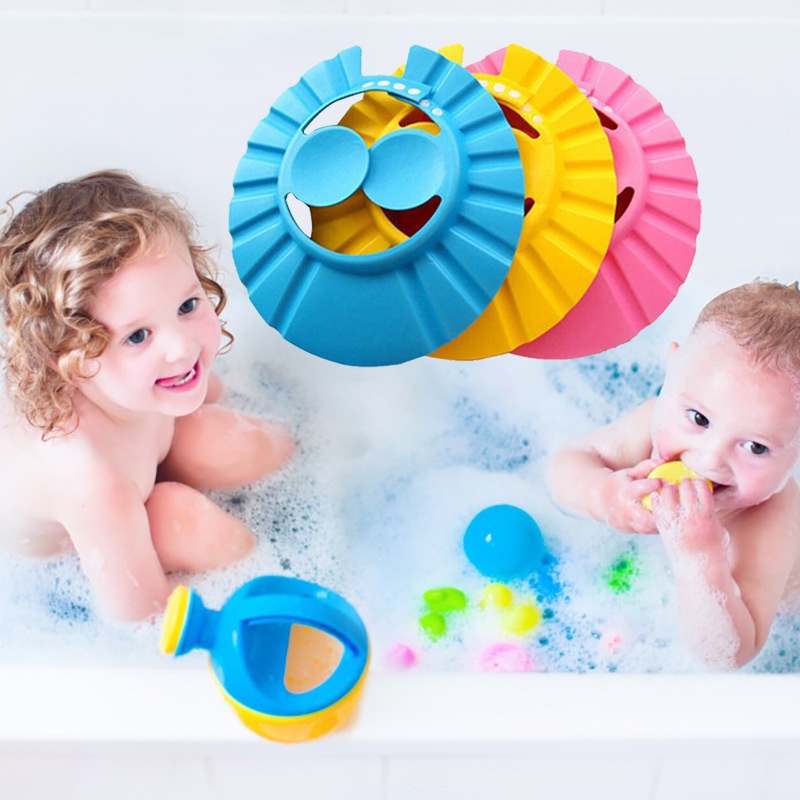 Topi Keramas Bayi Model Kancing / Baby Shower Cap Baby Shampoo Artefak Pelindung Telinga Shampoo /  Topi Mandi Sampo Mandi Tahan Air yang Dapat Disesuaikan