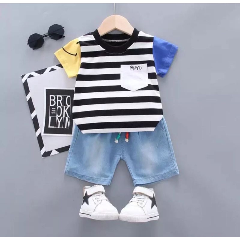 Promo- Setelan Baju Anak Anak Setelan Baju Anak Laki-laki Dan Perempuan Motif Salur Unyu Terbaru