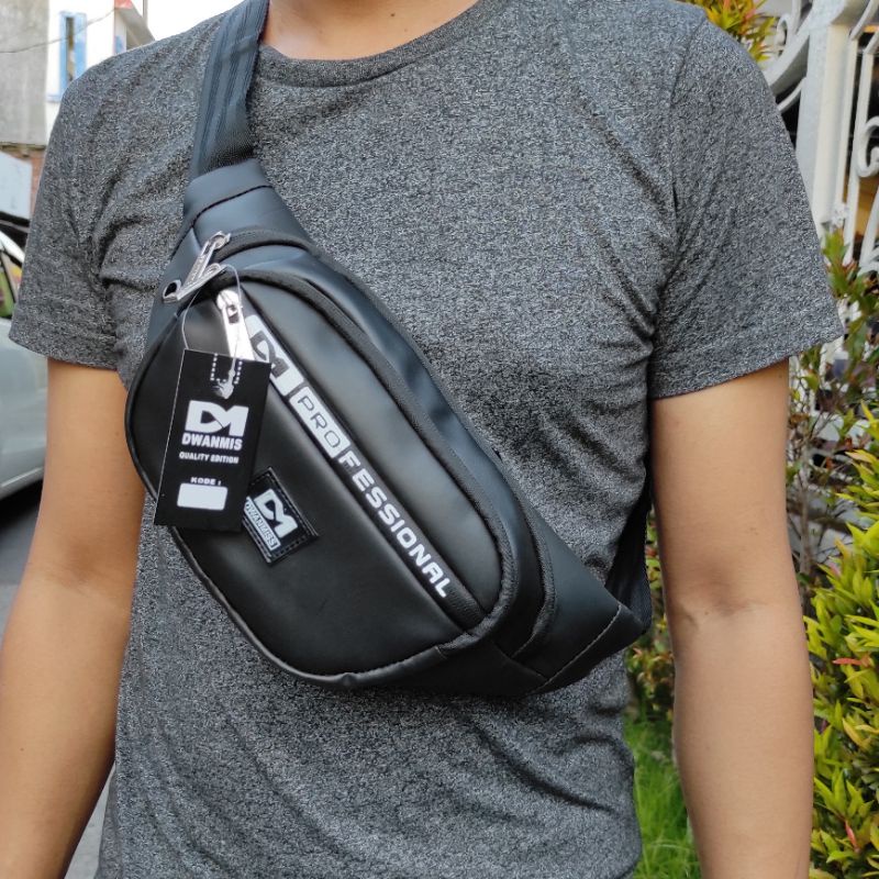 Tas Pria Original | Waistbag Pria Kulit Sintetis | Tas Selempang Distro Keren 3 Kantong