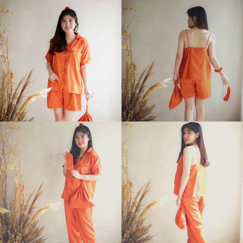 SATIN SET 4 IN 1 - PAJAMAS - PIYAMA SATIN - SCRUNCHIE - POUCH - SHORT PANTS - LONG PANTS - TANK TOP