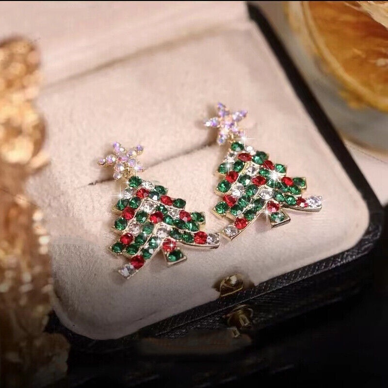 Anting Stud Kristal Bentuk Pohon Natal Bintang Warna-Warni Untuk Wanita