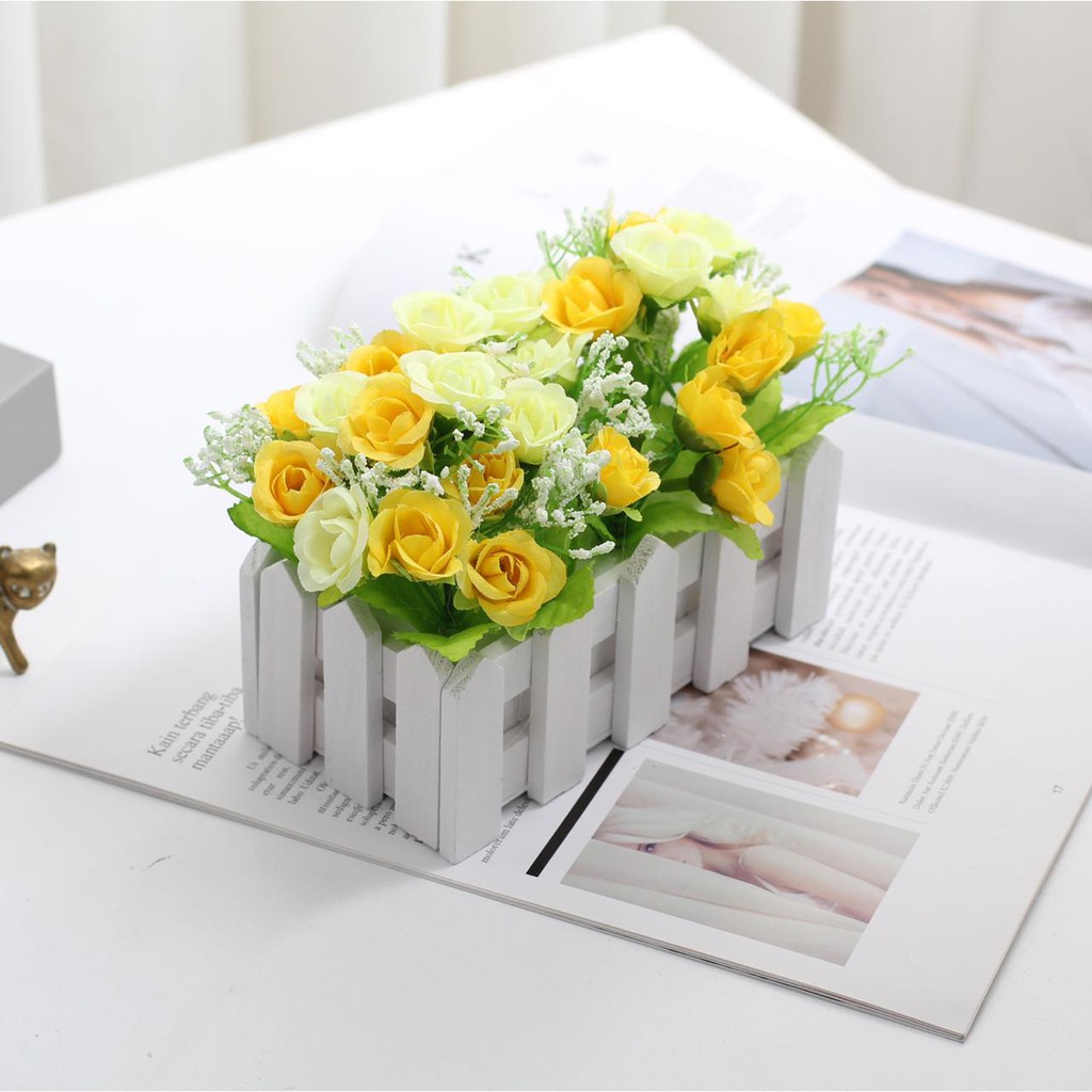 AM317 Bunga Plastik/Bunga Plastik Mawar Pot Bentuk Pagar/Bunga Dekorasi-Kuning