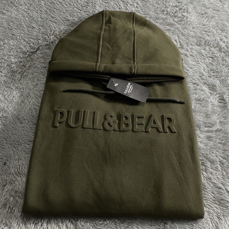 SWEATER HOODIE PULL &amp; BEAR EMBOOS 3D FONT TIMBUL FULL TAG AND LABEL