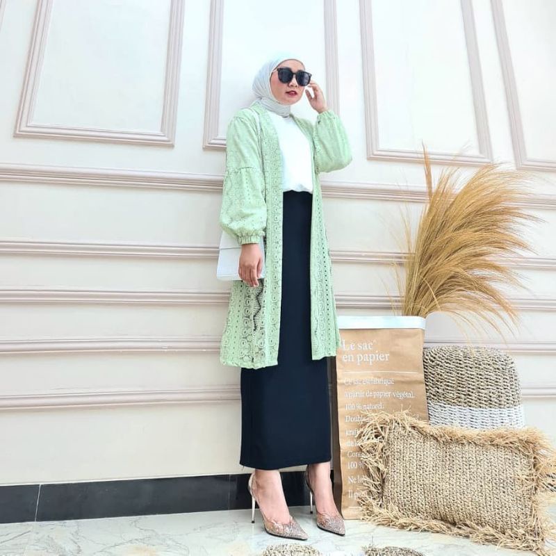 Cardigan Brokat Lengan Balon/Kardigan Burkat/Kardi Brukat/Outer Long Cardi-4
