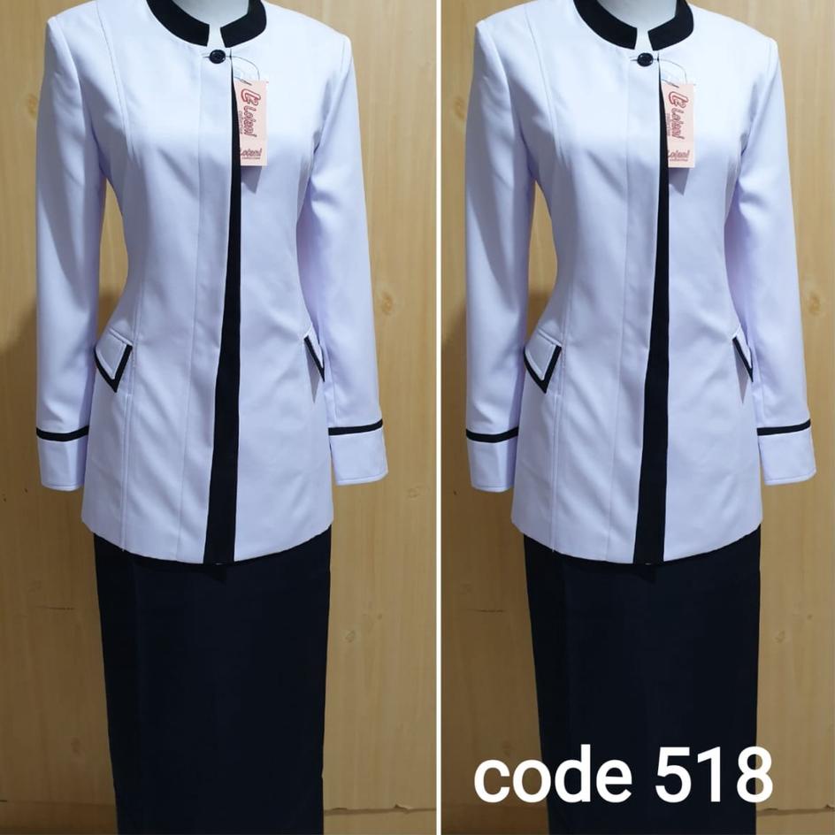 Harga TERMURAAH.. Seragam Dinas Putih Wanita Lis Hitam Setelan Rok A Blazer Kerja Wanita Putih Set C