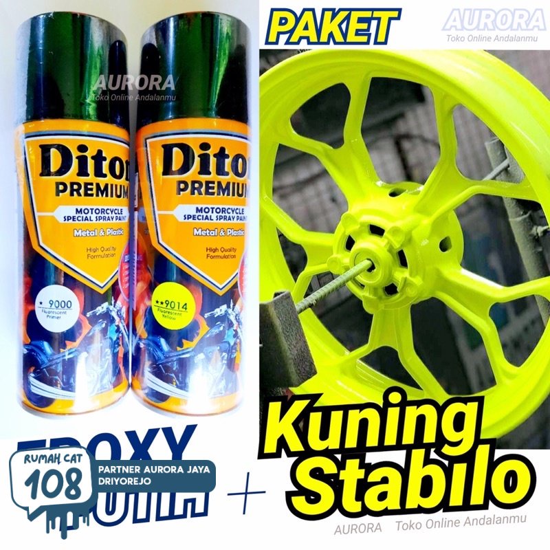 

Rumah Cat - Paket Diton Premium Fluorescent Yellow 9014 Kuning Stabilo + Epoxy Putih 9000 / Cat Pilok Pylox Nyala Terang 400ml | Rumah Cat Mobil dan Motol