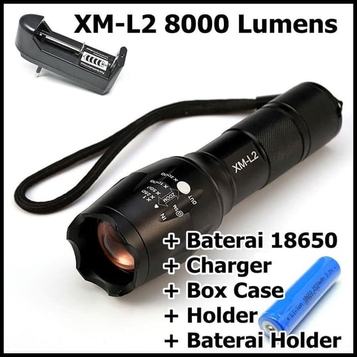 Paket Senter Tactical Flashlight Cree XM L2 8000 Lumens Baterai Charge