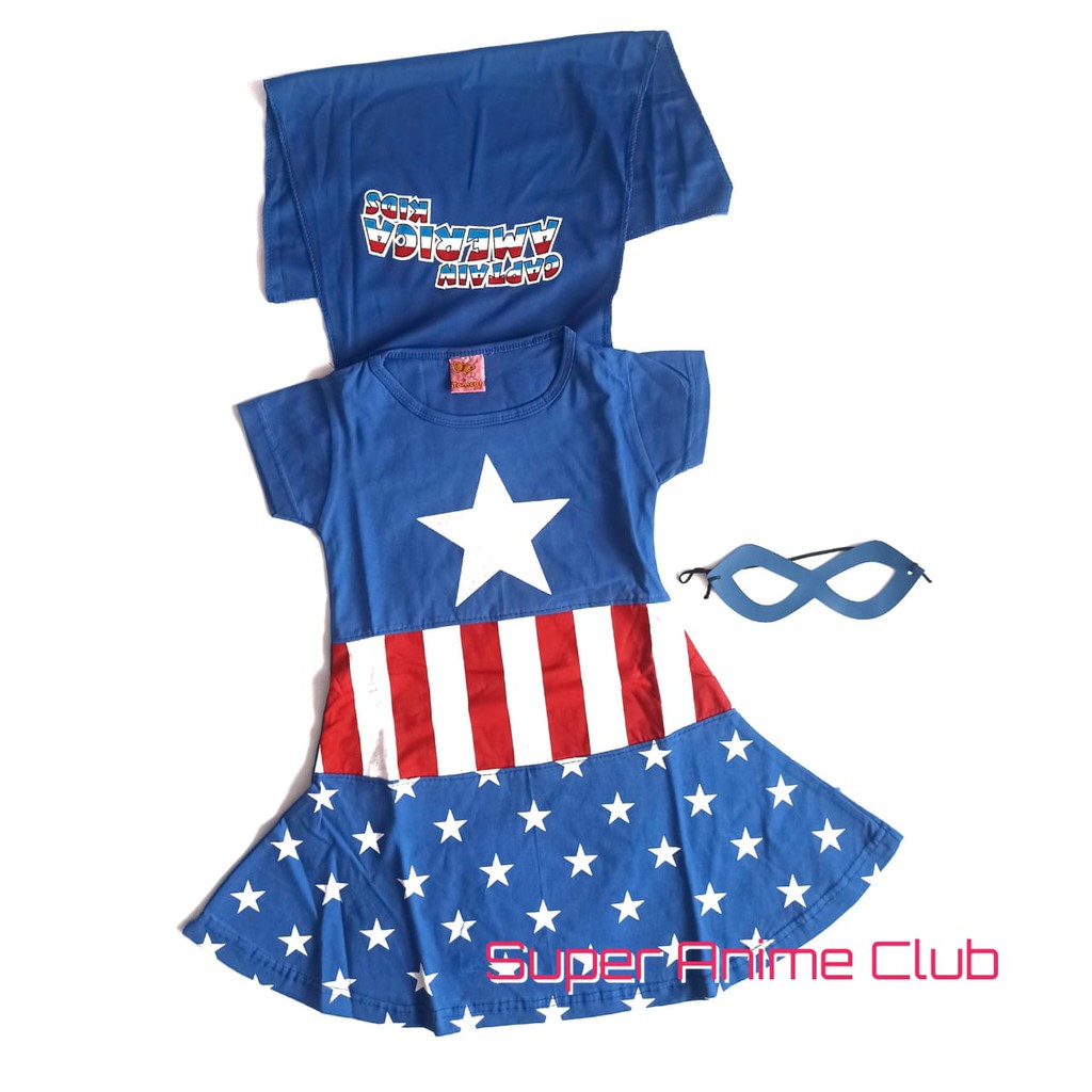 Dress Kostum Anak Cewek Captain America Superhero Halloween Avengers Capten Amerika