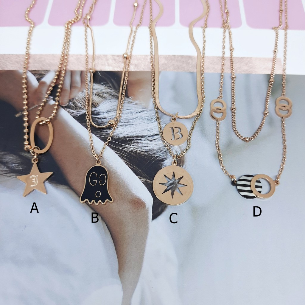 Kalung Kpop Titanium Korea 2 Layer Import Rantai Biji Lada Cassandra Belut Rosegold - BN423