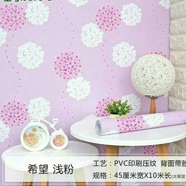 Wallpaper Dinding Stiker Motif Bunga Dandelion Pink Putih Ukuran 45 cm x 10 m