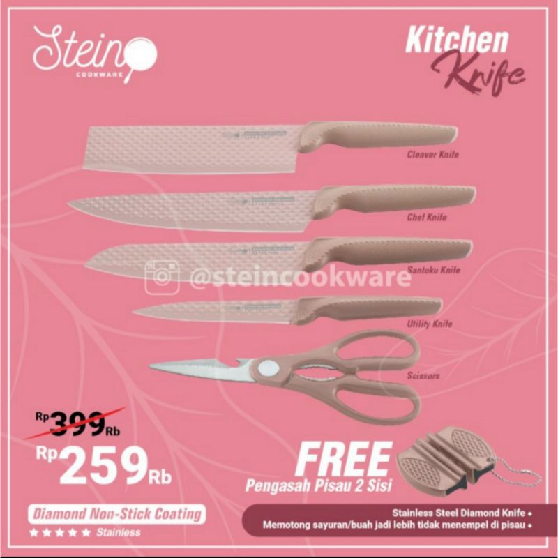 Stein Steincookware Pisau Diamond Knife Set 5 + Free Knife Sharpener Pisau Dapur ORI READY STOK