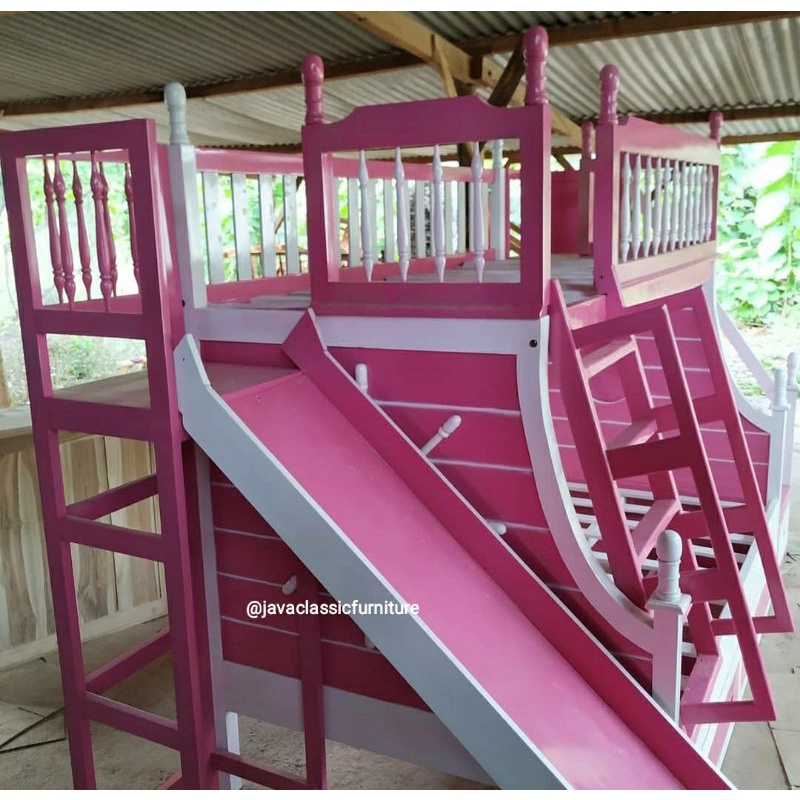 RANJANG TEMPAT TIDUR ANAK TINGKAT DIPAN SUSUN LACI DILENGKAPI PROSOTAN SELUNCURAN BAHAN KAYU FINISHING DUCO PUTIH PINK MURAH FURNITURE JEPARA-1