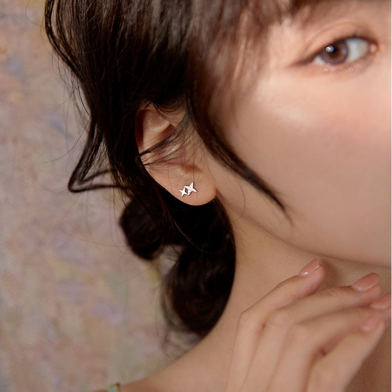 Roselife S925 Perak Bersinar Kristal Salib Double Star Stud Earrings Untuk Wanita Perempuan Korea CZ Telinga Perhiasan 1pasang