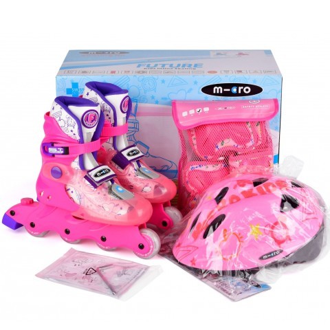 Sepatu Roda Anak Set Helm Deker Inline Skate Anak M-cro (Micro)Future Pink