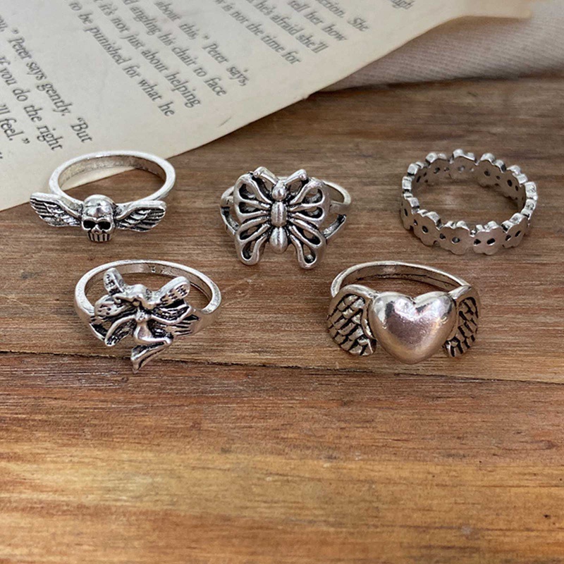 5pcs/set Heart Shaped Ring Set Adjustable Simple Design Women Jewelry Fashion Accessories