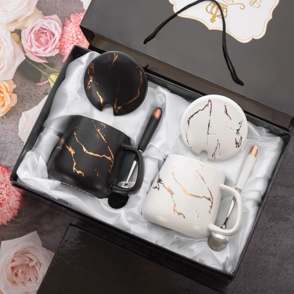 MARBLE Mug GIFT SET Gelas Teh/Kopi motif Marmer dengan tutup dan Sendok