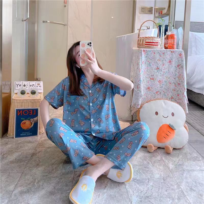 Baju tidur wanita / Piyama Cp baju tidur wanita krah pendek import kotak freesize-Cp.k BEARLOVE BIRU