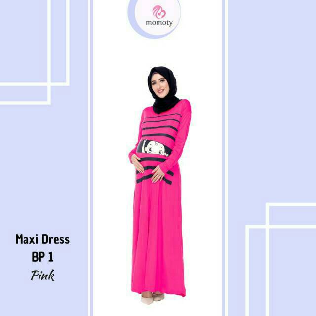 PRODUK  WANITA Baju Hamil Unik Momoty Maxi Dress Gamis Hamil Longdress Lucu Bp1 Pink fanta