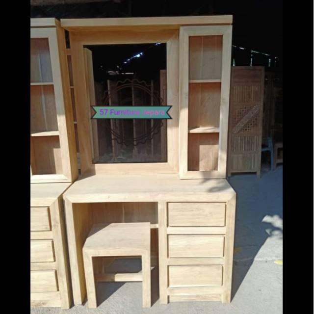 Meja rias simpel + laci dan lemari kecil bahan kayu jati tua - Unfinished