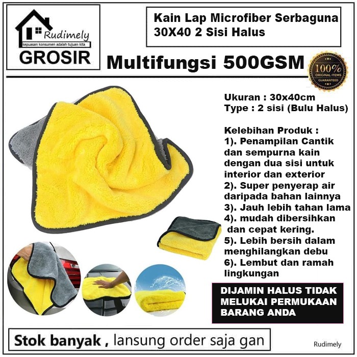 Kain Lap Microfiber Serbaguna 30X40 2 Sisi Halus Multifungsi 500GSM-ukuran besar