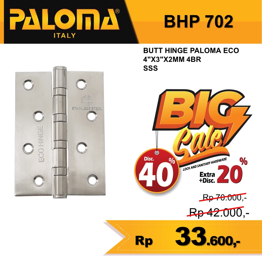 ENGSEL PINTU 4 INCH PALOMA BHP 702  4&quot;X3&quot;X2MM 4BR SSS Stainless Steel BUTT HINGE