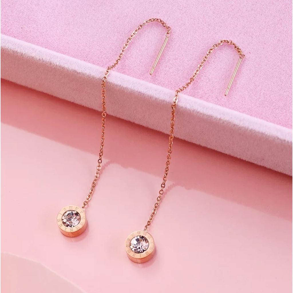 Anting Drop Bvlgi Romawi Crystal Artifisial Warna Rose Gold dan Gold