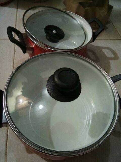 Panci Enamel Carmelia Set 18+20 Cm Tutup Kaca