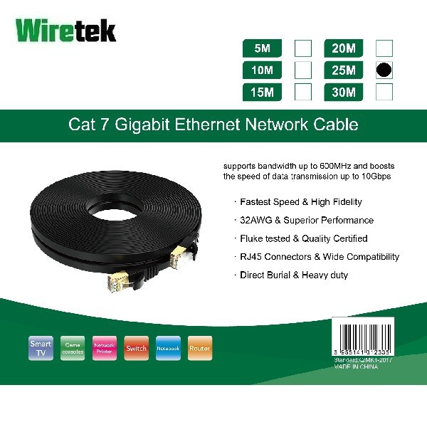 WIRETEK Kabel LAN Cat 7 Gigabit Ethernet Network FLAT Cable 25 meter