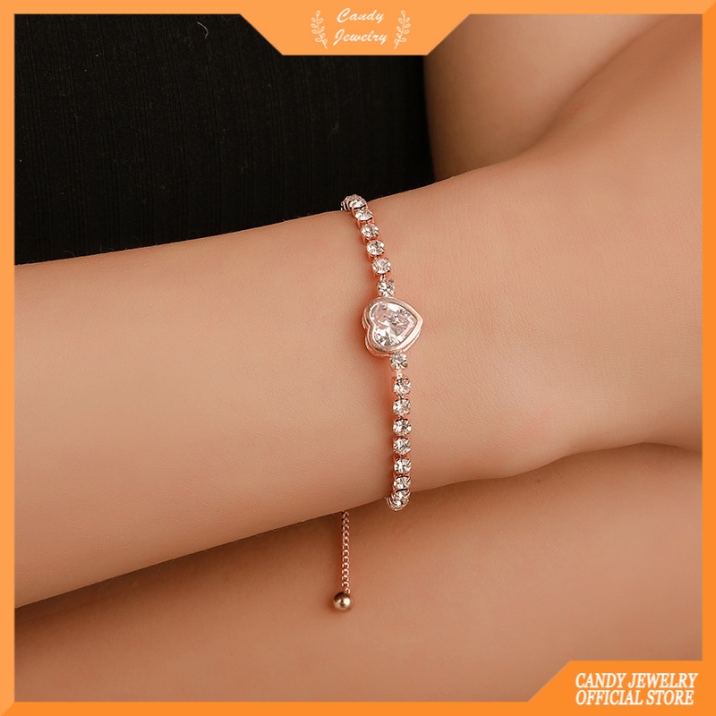 Gelang Rantai Dengan Charm Hati Aksen Kristal Zirkonia Untuk Wanita