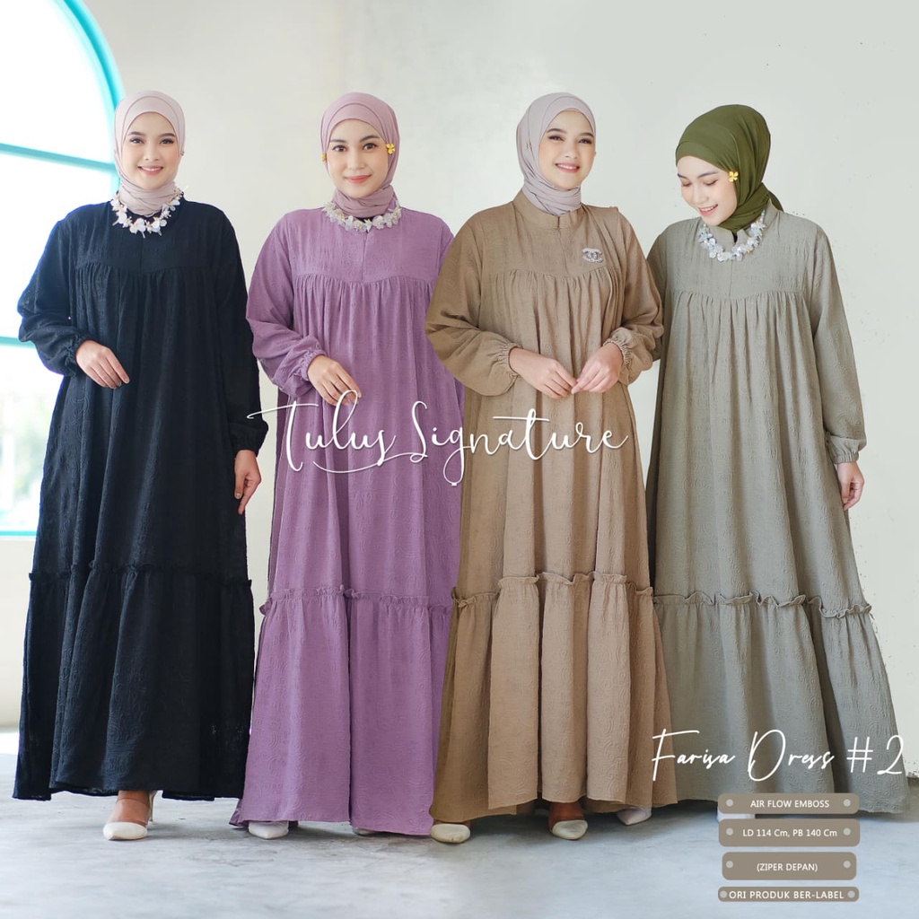 Dress Kondangan Korea Wanita Muslim Pesta Crinkle Maxi Dress Jumbo Kekinian Lengan Panjang Motif Bun