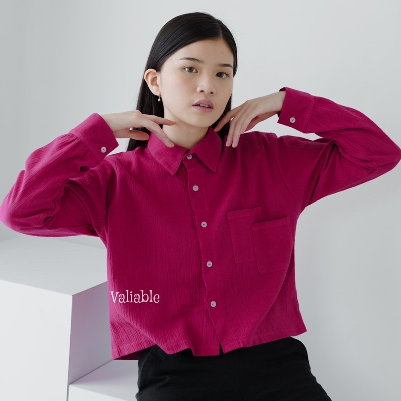 (M-XL) Double Pocket Crop Shirt Linen Crinkle