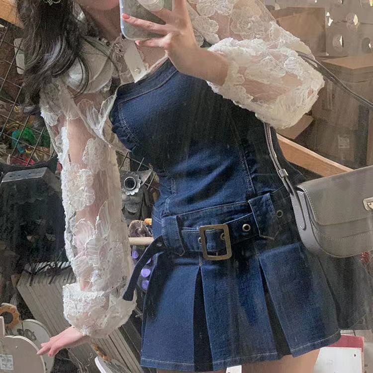 Musim panas baru setengah baya gadis panas desain rasa ceruk menggantung leher gaun denim wanita ram