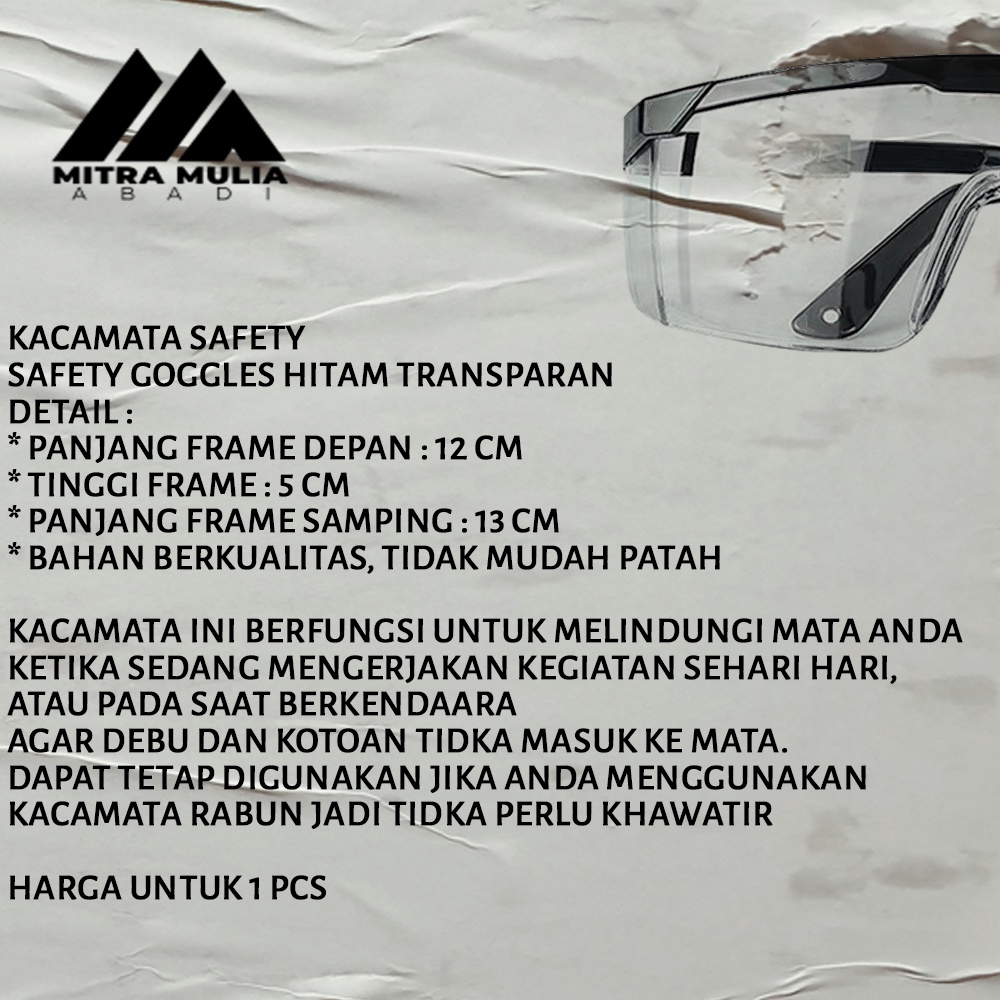 Kacamata Safety Glass Hitam Transparan | Kacamata Anti Virus Safety